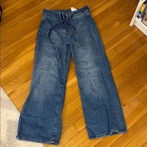 wide leg/ flare jeans with attached denim belt